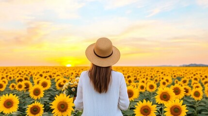 International Women Day, Senior Woman Enjoying Sunflower Field at Sunset for International Women’s Day