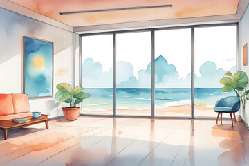 Watercolor Seascape Living Room with Ocean View and Natural Light