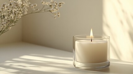 Lit candle in glass holder with flowers peaceful scene.