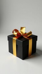 Gold ribbon tied around a black gift box with a bow on top, elegant gift, fancy wrapping