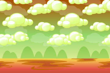 Obraz premium Game Background made from seamless endless elements-sky, clouds, mountains and desert. Vector assets and layers for your 2D mobile games. Cartoon style game background