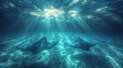 Majestic manta rays glide gracefully through shimmering ocean waters, illuminated by sunlight