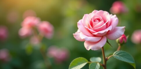 Pastel pink roses in the soft focus blur of a lush garden backdrop, flowers, gardenlife, blooms