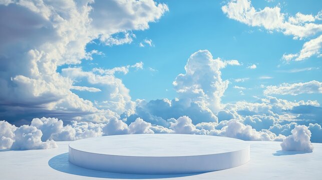 Empty podium in a serene landscape, with puffy white clouds drifting slowly across a blue sky
