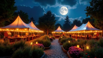 Beer Garden, Magical beer garden in moonlight tents with vintage steins flower beds shimmering flora and fairy lights.