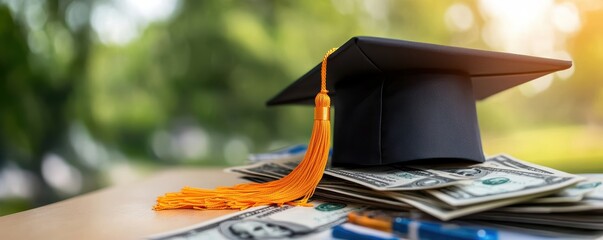 Graduation cap on stack of cash: symbol of education costs and financial planning