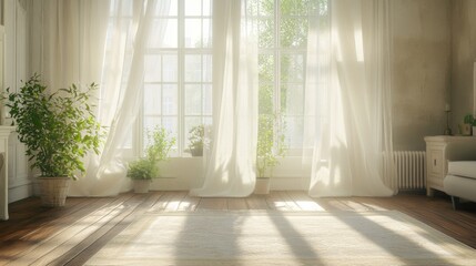 Bright and Airy Living Room with Soft Drapes and Indoor Plants