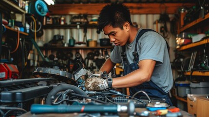 Expert mechanic skillfully servicing large commercial vehicle in well lit garage using tools