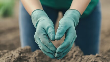 Female gardener wearing gloves shaping heart with hands over soil
