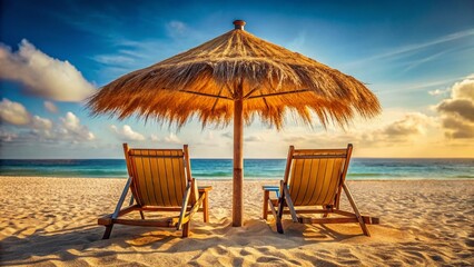 Empty Beach Chairs Under Straw Umbrella - Tropical Beach Macro Photography