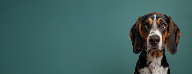 Treeing Walker Coonhound dog on minimalistic colorful background with Copy Space. Perfect for banners, veterinary ads, pet food promotions, and minimalist designs.