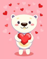 A card with a polar bear with a heart in its paws. Vector illustration.
