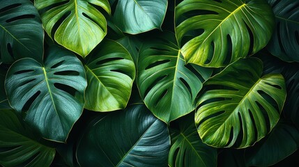 Fototapeta premium Lush green monstera leaves create a vibrant backdrop for a tropical atmosphere in the early afternoon light