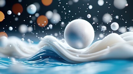Abstract sphere amid dynamic white and blue waves with floating particles and bokeh lights