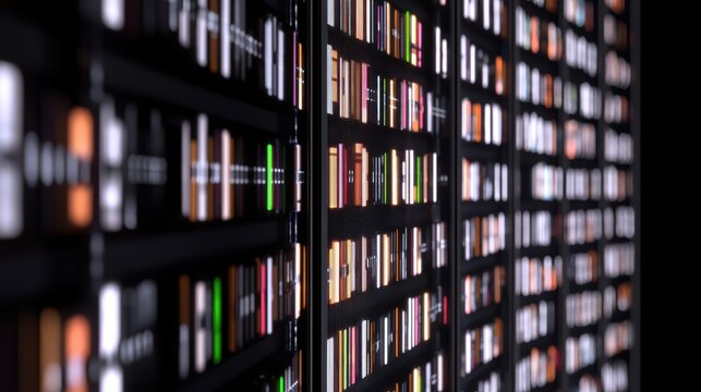 Digital library interface with books on shelves in modern abstract style