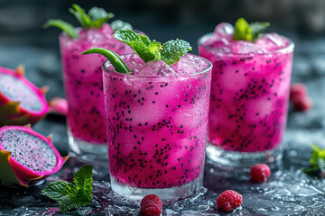 Refreshing dragon fruit drinks with mint and ice, perfect for summer