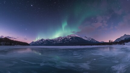 the Northern Lights illuminating the sky above a frozen lake, with snowy mountains in the distance and a soft glow over the entire landscape