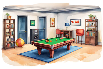Indoor game room with pool table bookcase and entertainment system illustration