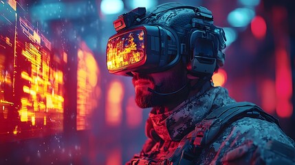 Futuristic Soldier in Virtual Combat Training Simulation with Glowing Digital Targets