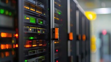 Naklejka premium Blurred server rack with colorful indicator lights in a data center