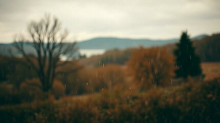 Obraz premium Abstract blur of a wet road surrounded by trees with a gloomy atmosphere, perfect for moody or introspective themes.