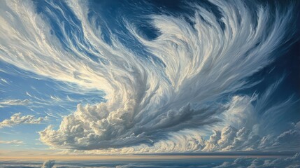 A wispy, feather-like cirrus cloud formation stretching high above the horizon, delicately spread across the sky like brushstrokes of white paint on a canvas