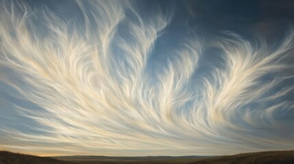 A wispy, feather-like cirrus cloud formation stretching high above the horizon, delicately spread across the sky like brushstrokes of white paint on a canvas