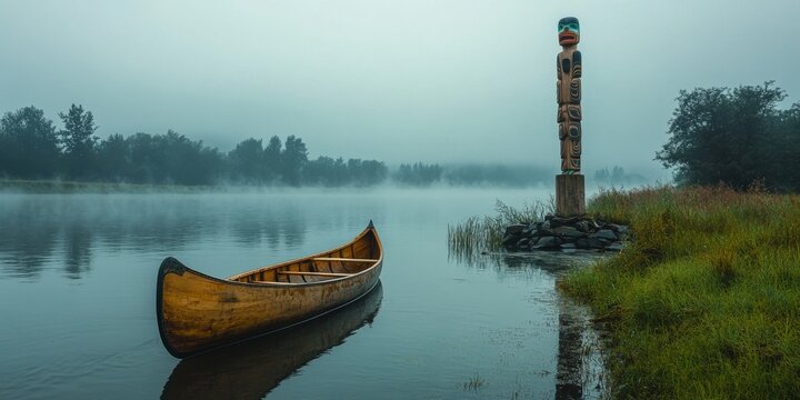 Wooden canoe floating on a misty lake by a totem pole