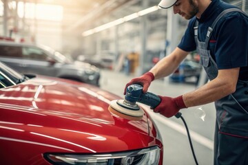 Male technician polishing red car in auto workshop with buffer tool.