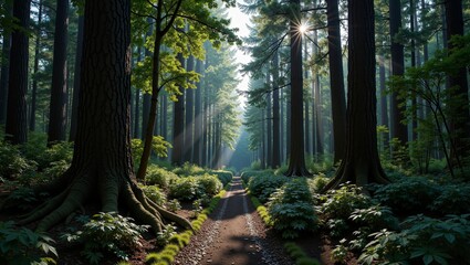Fototapeta premium Sunlight filters through tall trees in Canadian Boreal Forest, highlighting lush greenery along winding path. Concept emphasizes tranquility of Canadian Boreal Forest landscapes
