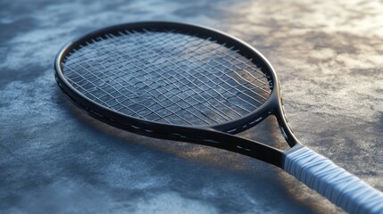 Black Tennis Racket on Concrete Background.