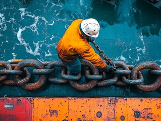 Maritime Industry Worker in Orange Jacket and Hard Hat Pulling Rusty Chains on Docked Ship