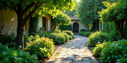 Ancient stone path curves through lush villa garden , stone, design