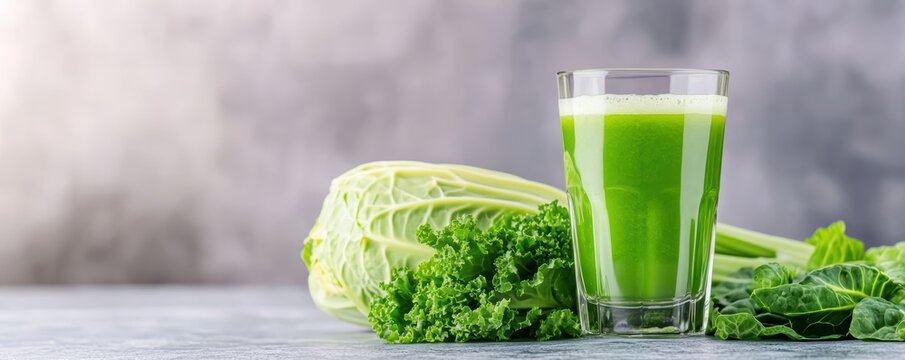 Fresh green cabbage and kale juice with leafy vegetables on gray background