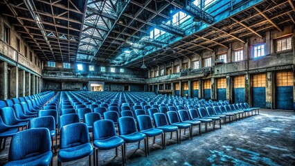 Fototapeta premium Empty Conference Room, Blue Chairs, Rear View - Urban Exploration Photography