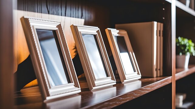 Close up view of empty photo frames standing on bookshelf