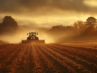 Fototapeta premium Tractor at Sunset: Capturing Rural Agricultural Machinery in Vibrant Evening Light
