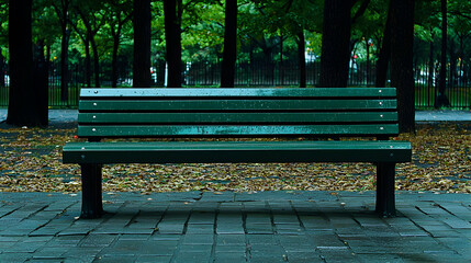 Empty Green Metal Bench in a Rainy Park