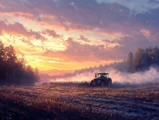 Naklejka premium Tractor at Sunset on Farm: Serene Rural Landscape for Agriculture, Environment-Friendly Productivity, and Modern Technology