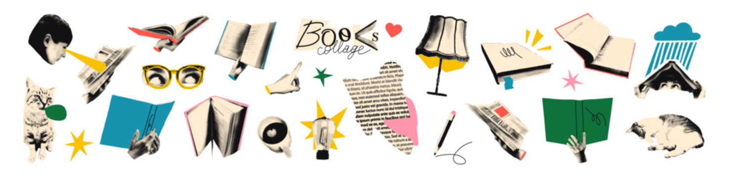 Books halftone art collage cut outs set. Various paper clipping shapes, hands holding open books stickers with vintage dotted texture and doodles. Modern retro grunge mixed media vector illustration