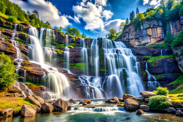 Naklejka premium Majestic waterfall cascading down a rocky cliff.