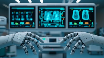 Medical Healthcare, Surgery Operating Room, Medical Technology concept, Futuristic Surgical Room with Advanced Robot Hands and Monitors
