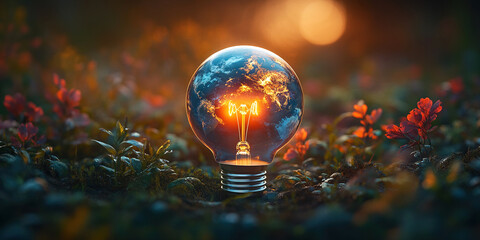 Light bulb shaped like planet Earth shines brightly in a natural setting. Header banner mockup with copy space.