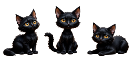 Three Cartoon Black Cats with Golden Eyes and transparent background