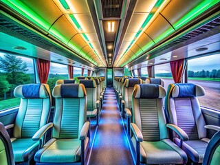 Fototapeta premium Empty Modern Bus Interior: Clean, Spacious Passenger Seats - Drone Perspective Stock Photo