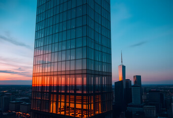 Skyscrapers reflecting the sunset and city lights at twilight