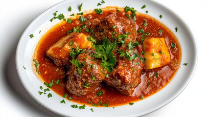 Fototapeta premium plate of rich, flavorful beef stew garnished with fresh parsley, featuring tender meat and potatoes in savory tomato based sauce