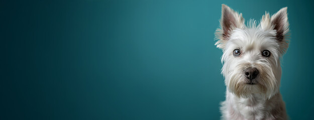 West Highland White Terrier dog on minimalistic colorful background with Copy Space. Perfect for banners, veterinary ads, pet food promotions, and minimalist designs.
