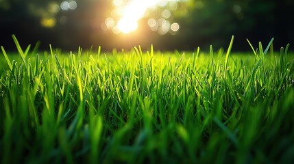 Fototapeta premium Bright green grass illuminated by sunlight during early morning hours in a serene outdoor setting