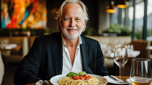 Man in a suit is sitting at a table with a plate of food in front of him. He is smiling and he is enjoying his meal. The table setting includes a wine glass and a fork